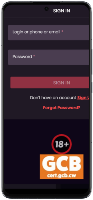 Screenshot of login